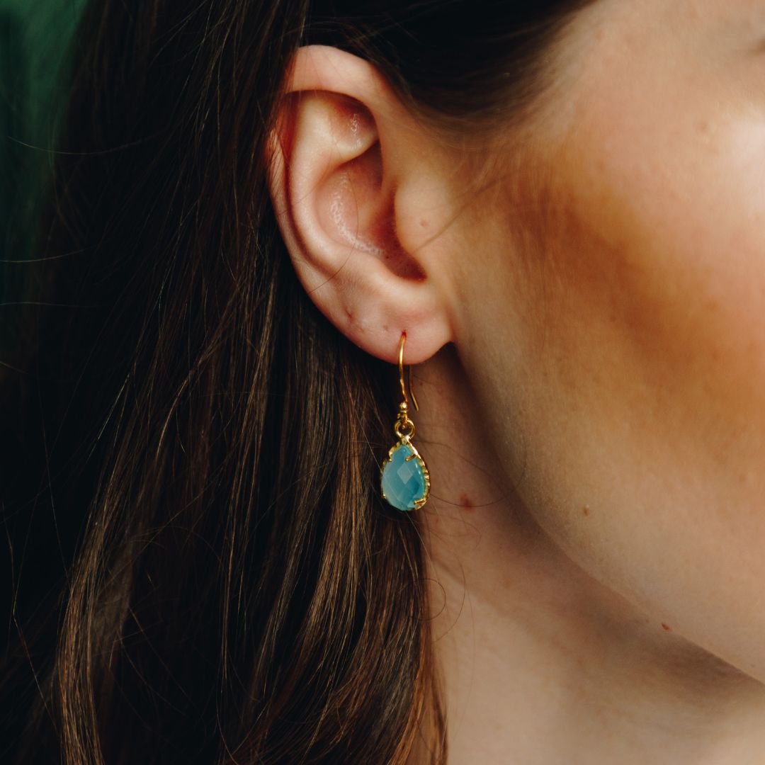 Waterproof Aqua Chalcedony Stone Hammered Earrings
