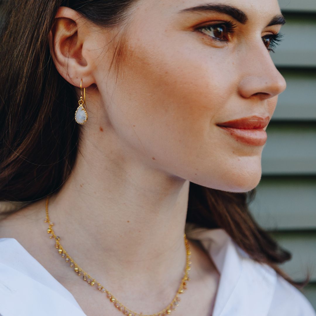 Waterproof Moonstone Stone Hammered Earrings