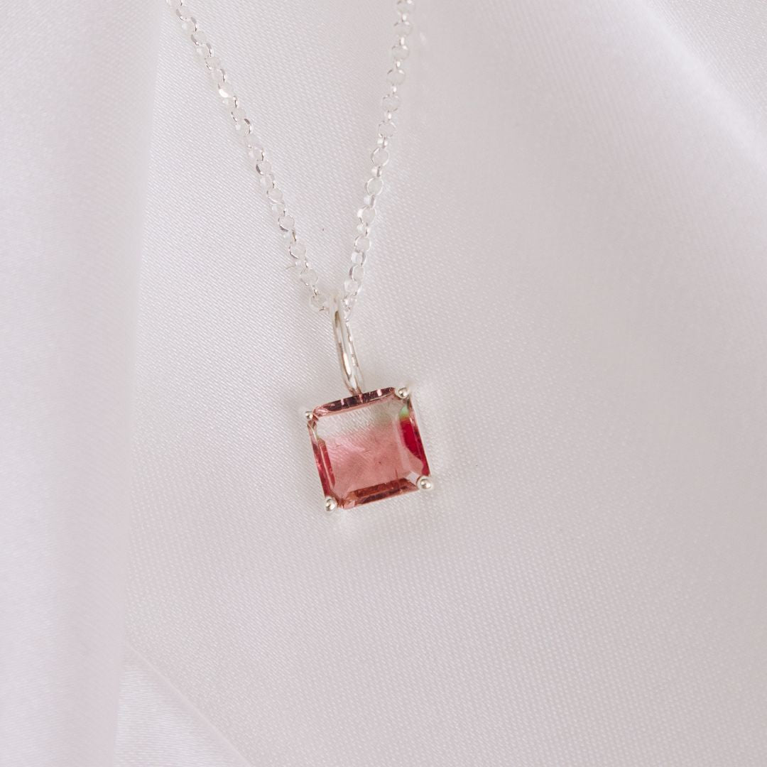 Watermelon Tourmaline Baguette Pendant E Necklace