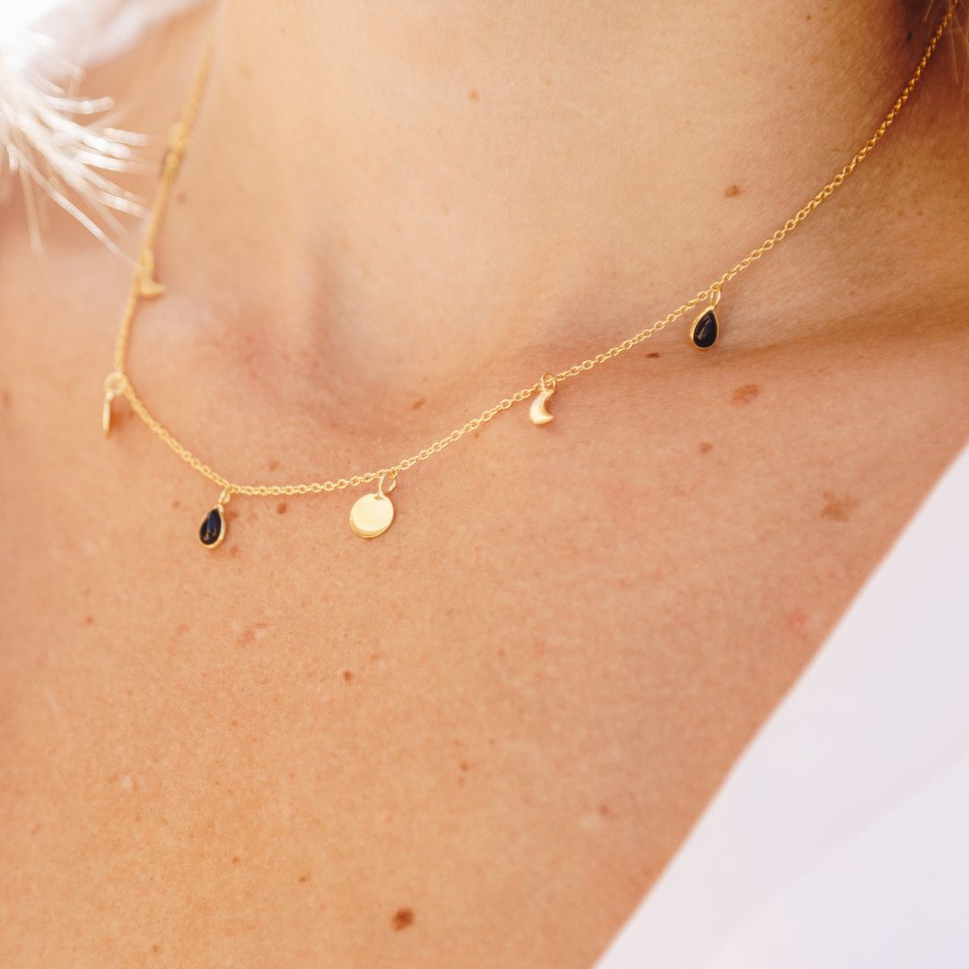 Moonlit – Black Onyx Lunar Necklace in Gold Plated