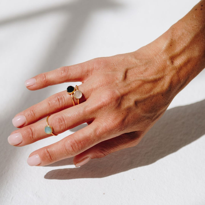 The round Robyn Rose Quartz Stacking Ring