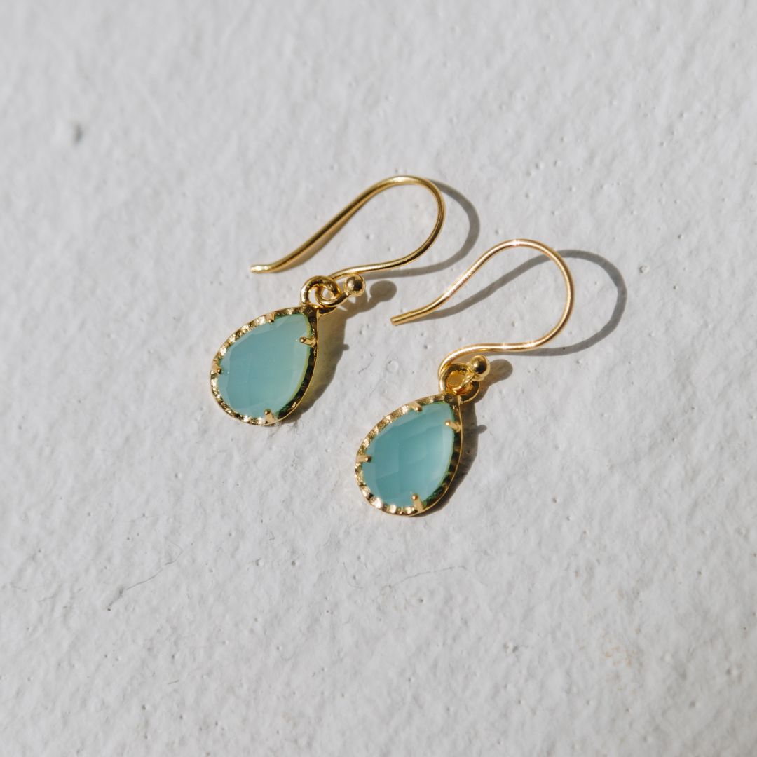 Waterproof Aqua Chalcedony Stone Hammered Earrings