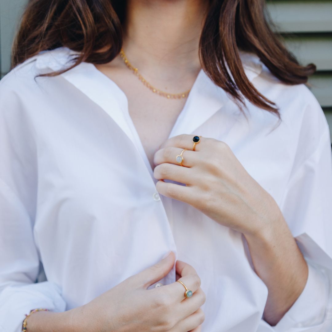 The round Robyn Rose Quartz Stacking Ring