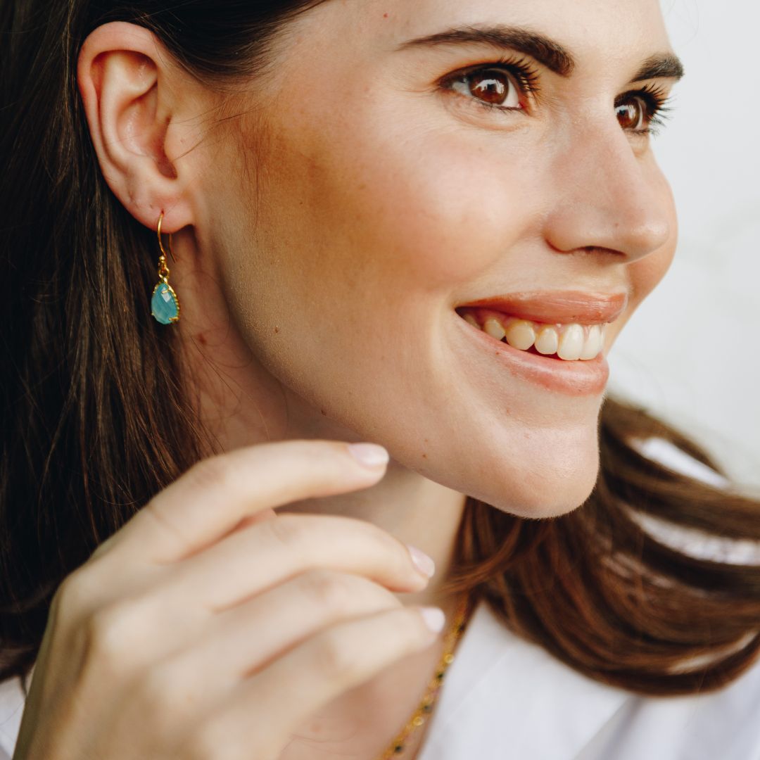 Waterproof Aqua Chalcedony Stone Hammered Earrings