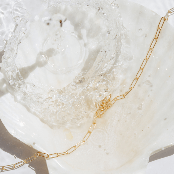 waterproof paperclip "paris" necklace on sea shell with water