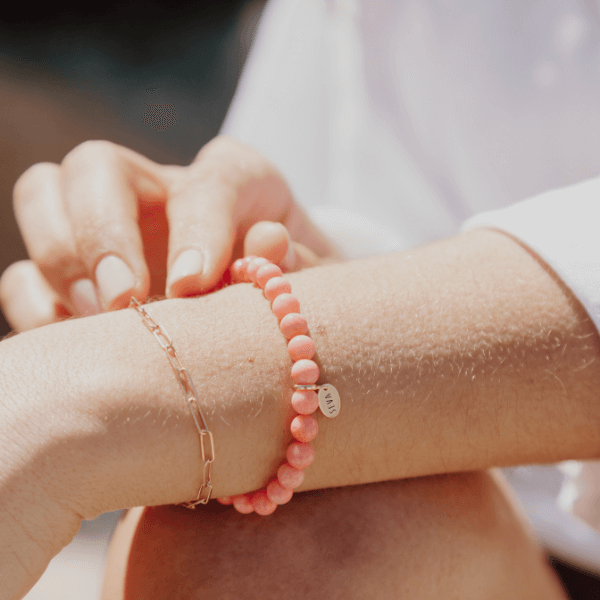 Waterproof Paperclip “Paris” Bracelet stacked with stone bracelet on model wrist