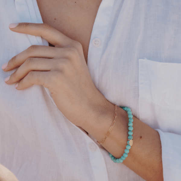 Waterproof Paperclip “Paris” Bracelet stacked with stone bracelet on model wrist