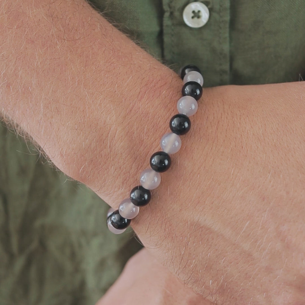 Black Tourmaline, Botswana Agate Mens Stone Bracelet