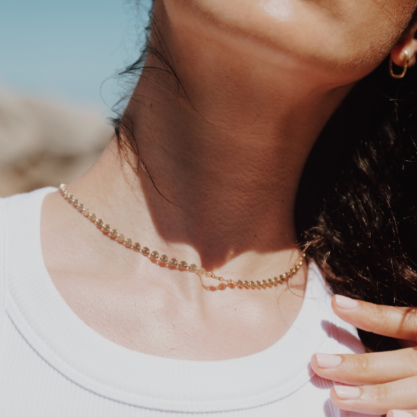 Waterproof Sequin Necklace on model neck