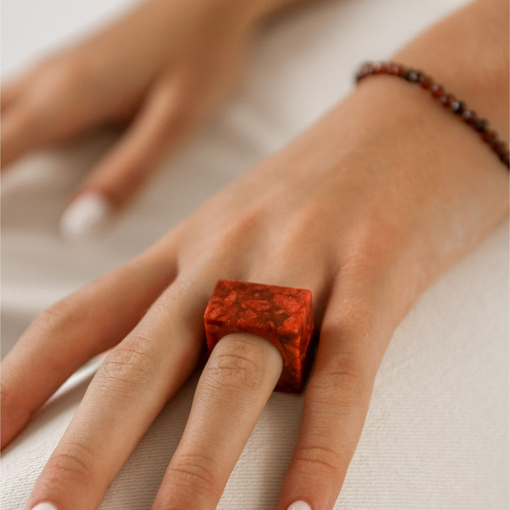 Red Coral Square Stone Ring - Robyn Real Jewels