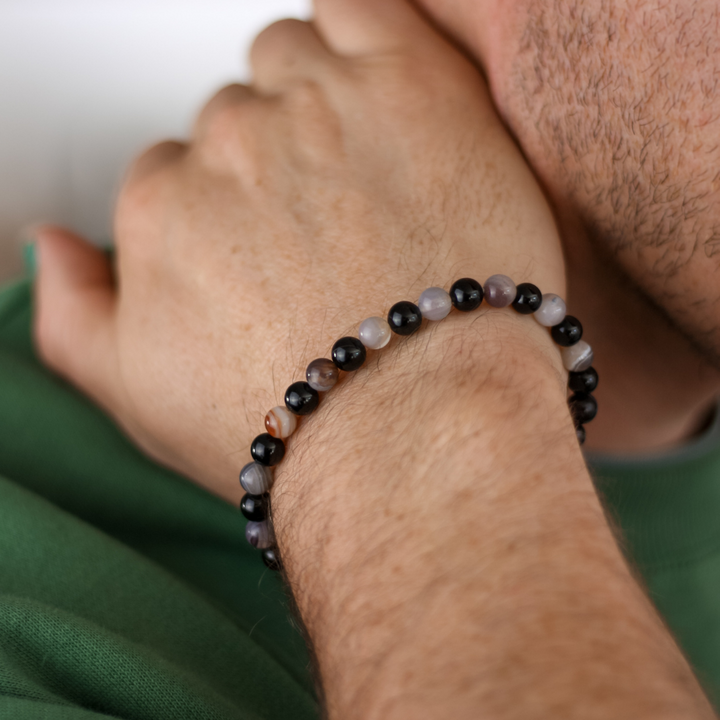 Black Tourmaline, Botswana Agate Mens Stone Bracelet - Robyn Real Jewels