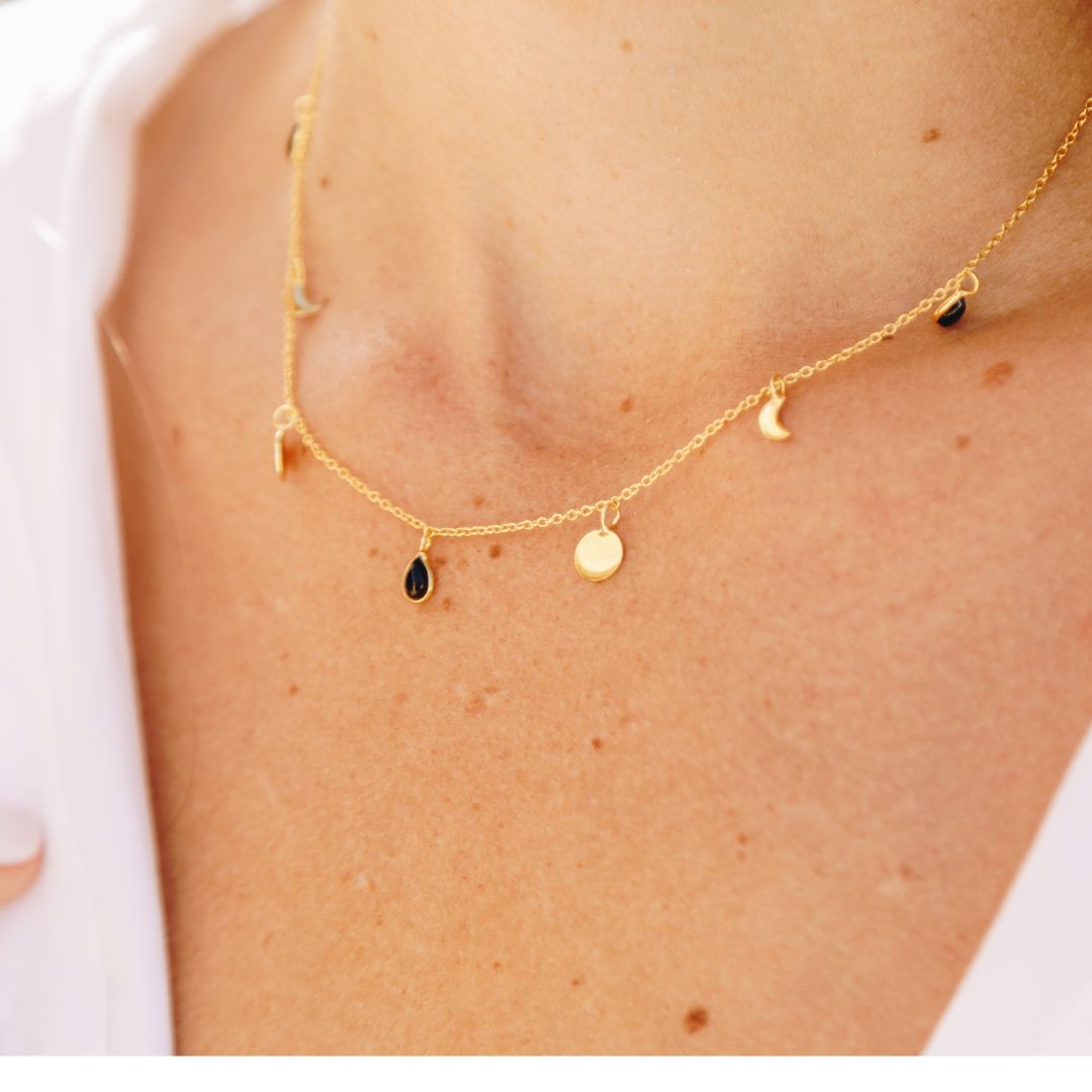 Moonlit – Black Onyx Lunar Necklace in Gold Plated