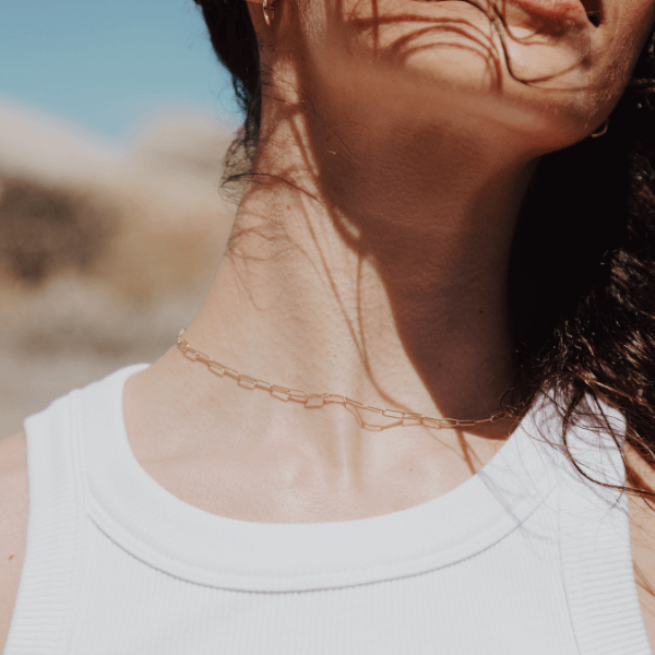 waterproof paperclip "paris" necklace on models neck