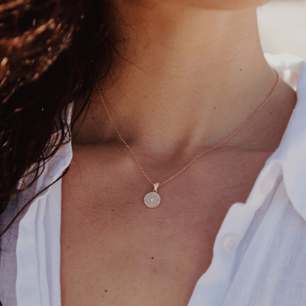 Egyptian Shield Pendant Necklace on models neck