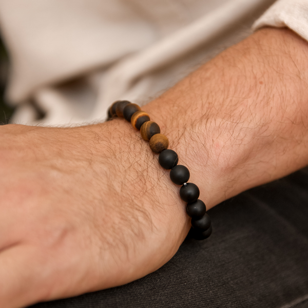 Men's Tiger Eye & Black Onyx Bead Bracelet - Stainless Steel Franco Chain With Magnetic Clasp, 8" Length - View #7