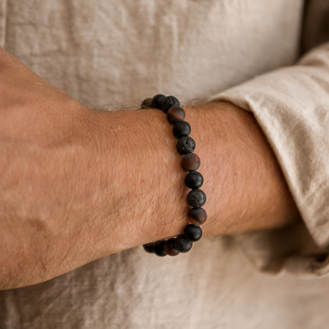Black Onyx, Lava Stone, and Red Tiger Eye Men's Bracelet - Robyn Real Jewels